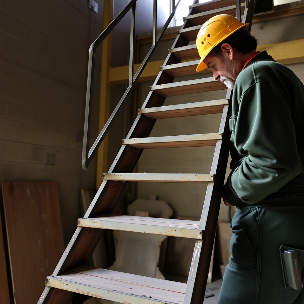 Escalier en fer forgé en cours de pose (illustration)